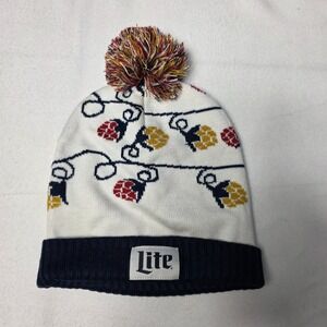 Miller Lite Beanie Pom Hat Winter Holiday Christmas Lights Logo Mens One Size